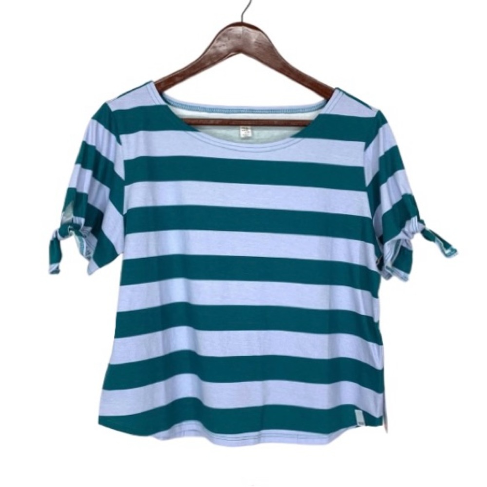 Sisstrevolution Nautical Blue & Teal Green Wide Stripe Tied Short Sleeve Shirt